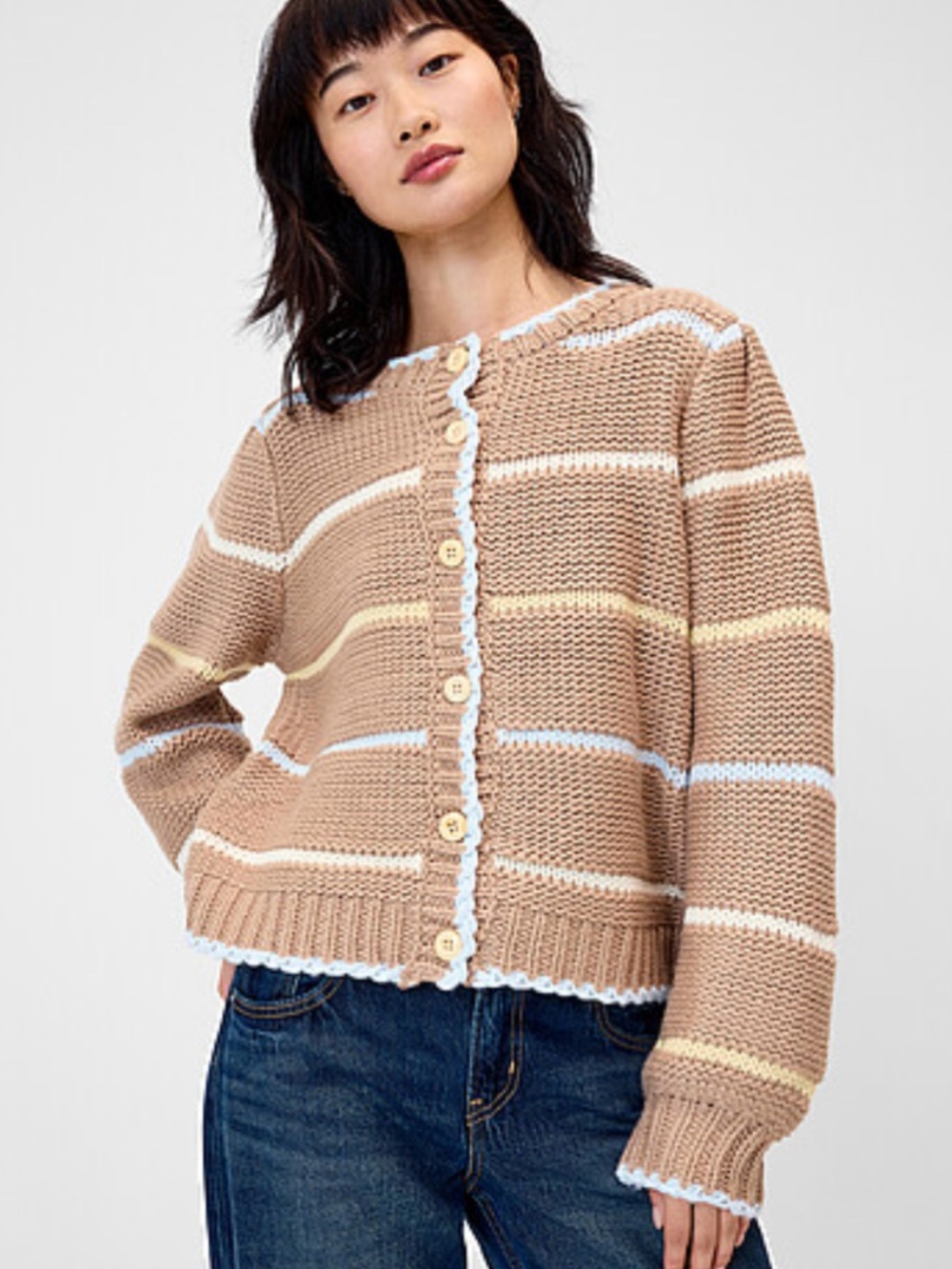 Simons Beige Striped Knit Button-Up Sweater Cardigan new with tag -M/L
